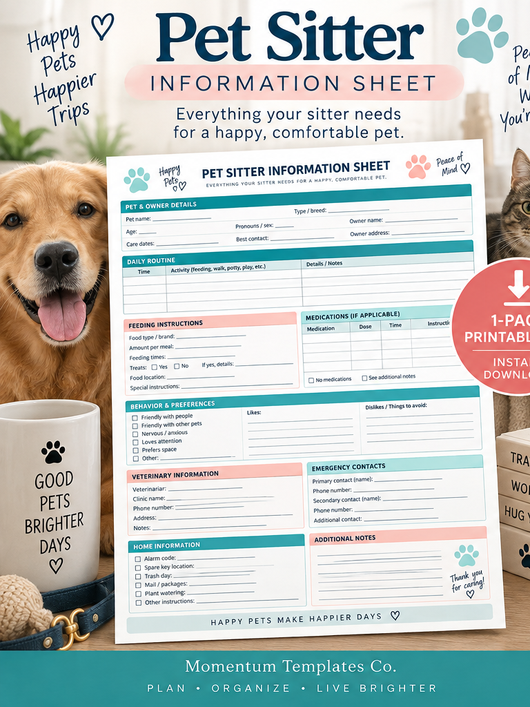 Pet Sitter Information Sheet Printable PDF