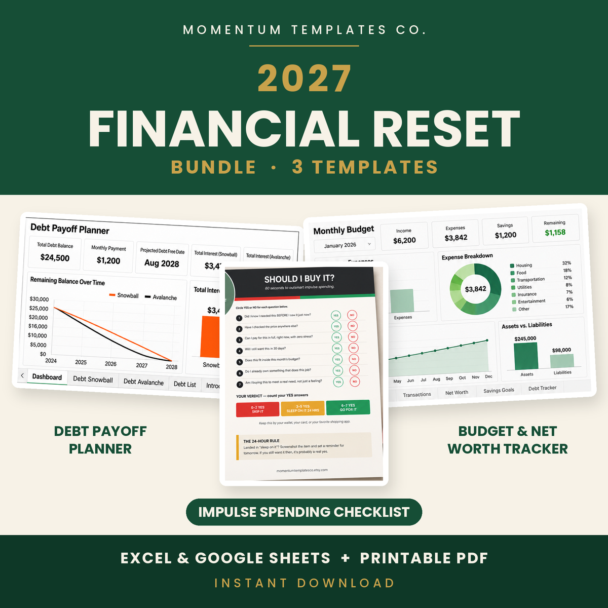 2027 Financial Reset Bundle – Debt Payoff Planner, Monthly Budget & Net Worth Tracker + Impulse Spending Checklist