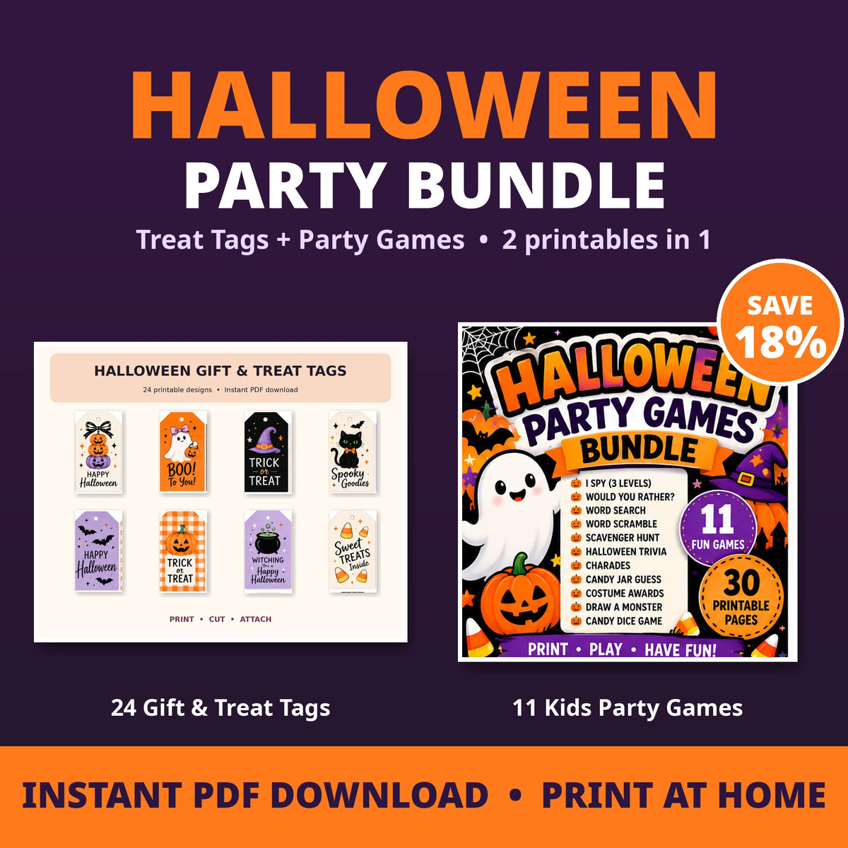 Halloween Party Bundle: 24 treat tags plus 11 kids party games, save 18%