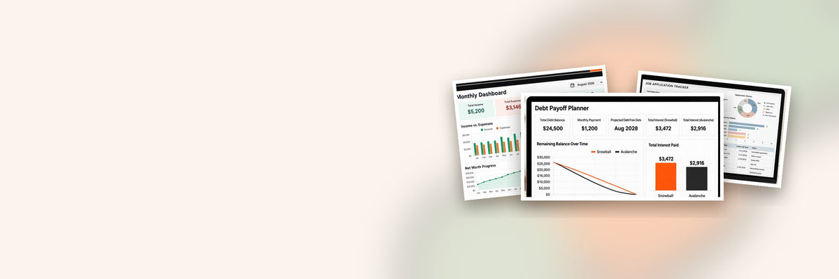 Debt payoff, monthly budget and job application tracker spreadsheet dashboards